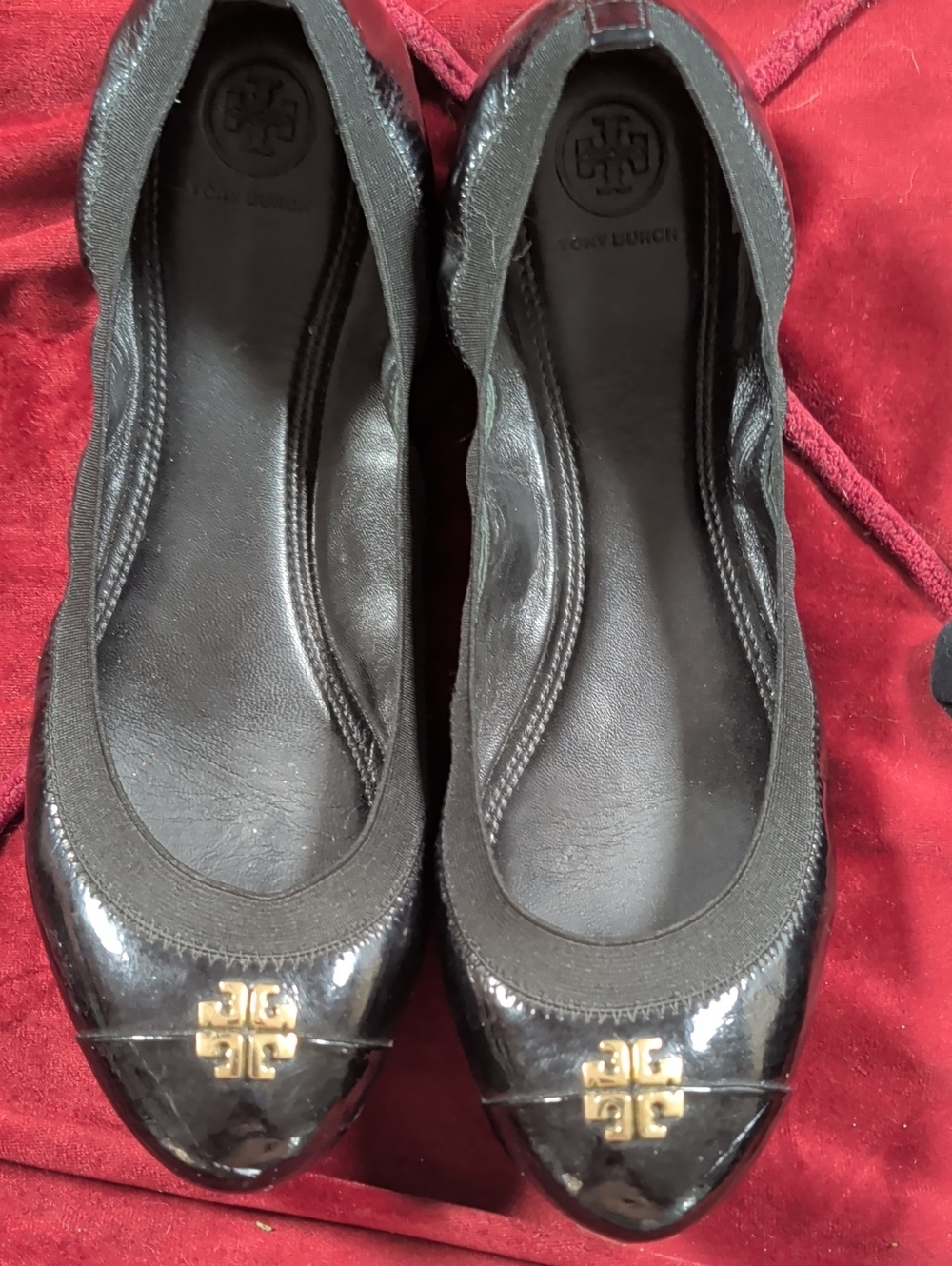 Tory Burch Black Patent Leather Ballet Flats with Gold Logo Accent